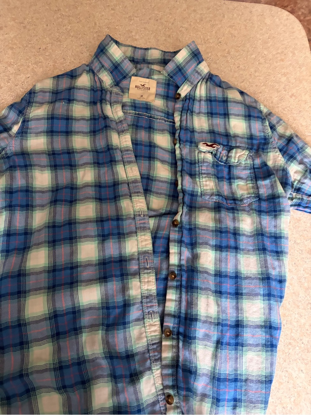 Hollister Blue, White and Mint Plaid Short-Sleeve Button-Down Shirt